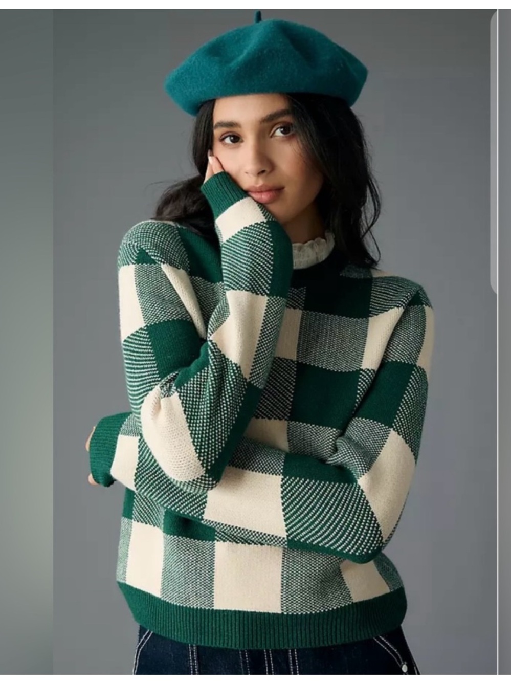 Anthropologie Plaid Ruffle Collar Pullover Sweater Green Cream Buffalo Size XL